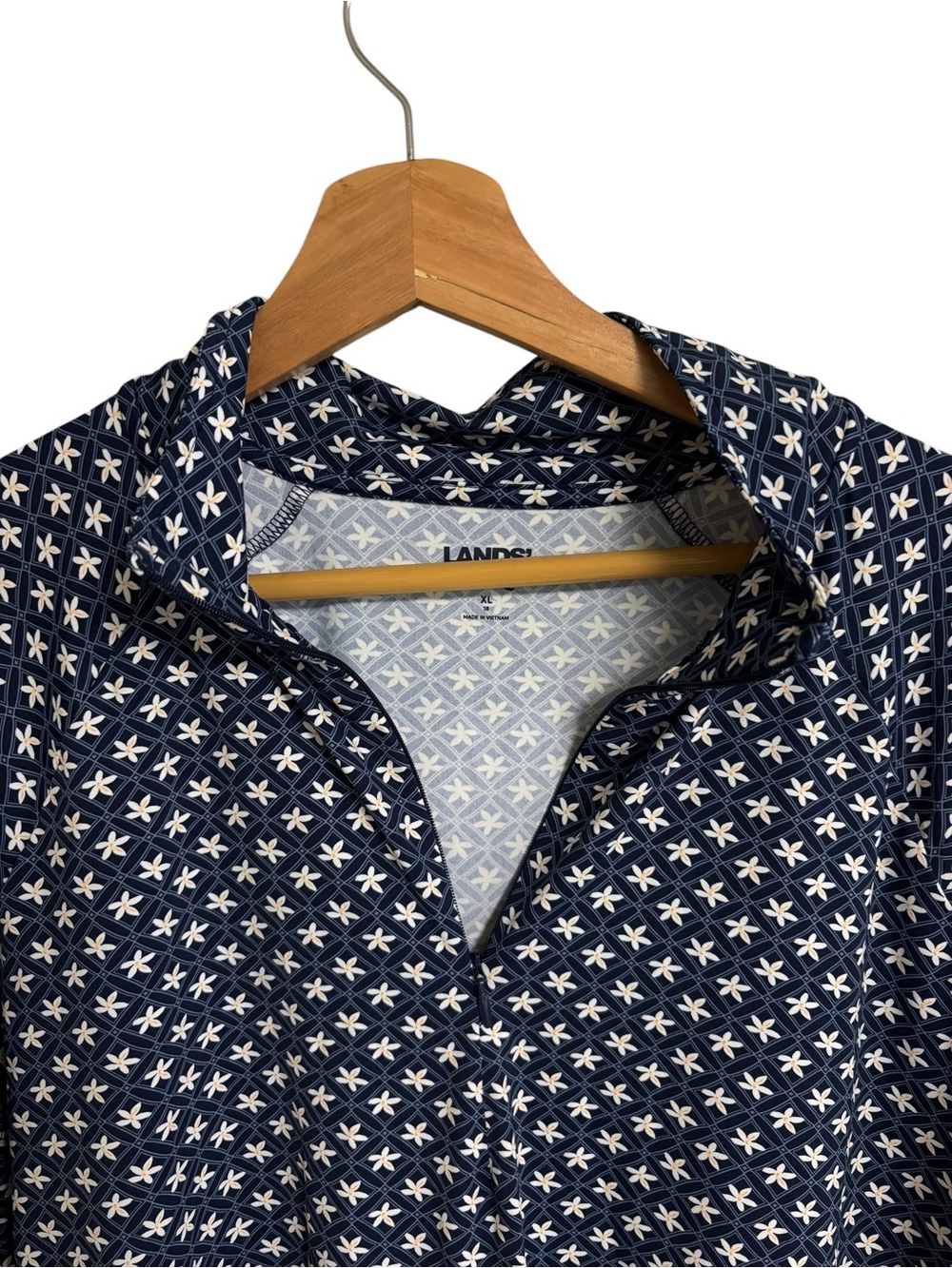 Lands’End navy blue allover geometric pattern 1/2 zip rash guard swim shirt XL - Picture 4 of 11